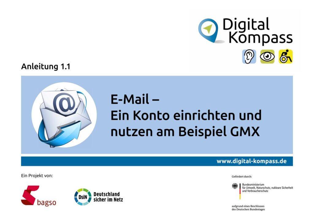 Titelseite einer Anleitung zum Einrichten und Nutzen eines E-Mail-Kontos am Beispiel GMX mit Logos von Digital Kompass, bagso, Deutschland sicher im Netz und dem Bundesministerium für Umwelt, Naturschutz, nukleare Sicherheit und Verbraucherschutz