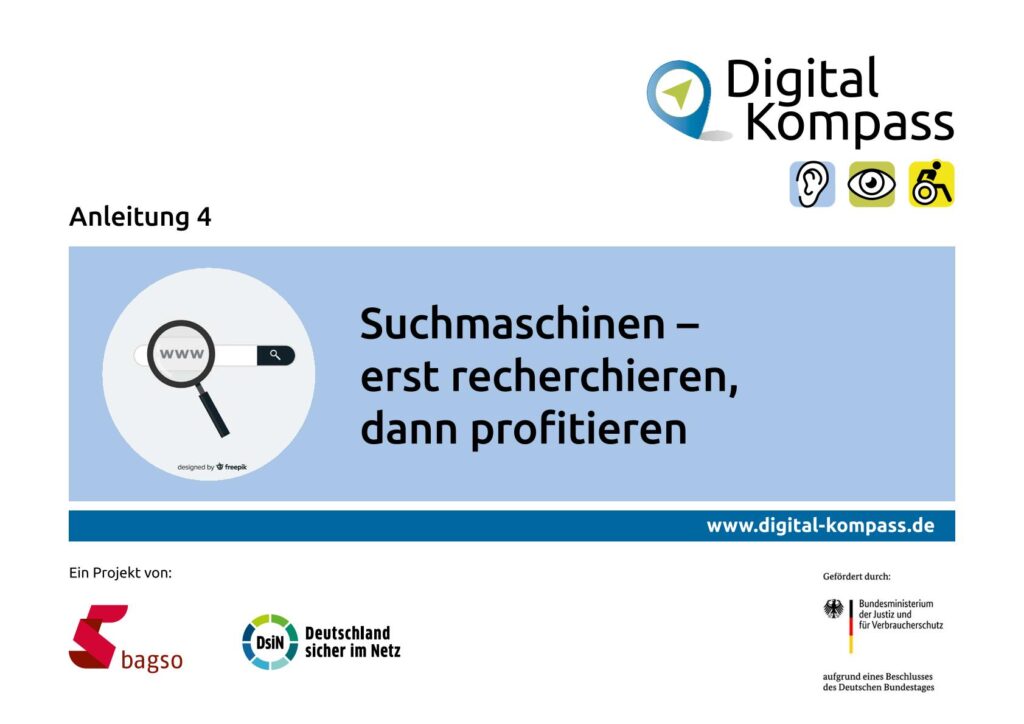 Titelseite einer Anleitung mit dem Titel 'Suchmaschinen – erst recherchieren, dann profitieren' und Logos von Digital Kompass, bagso, Deutschland sicher im Netz sowie dem Bundesministerium für Justiz und Verbraucherschutz