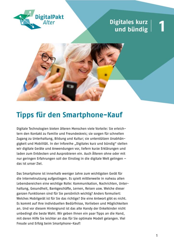 Titelblatt einer Broschüre mit dem Logo DigitalPakt Alter und dem Titel Tipps für den Smartphone-Kauf