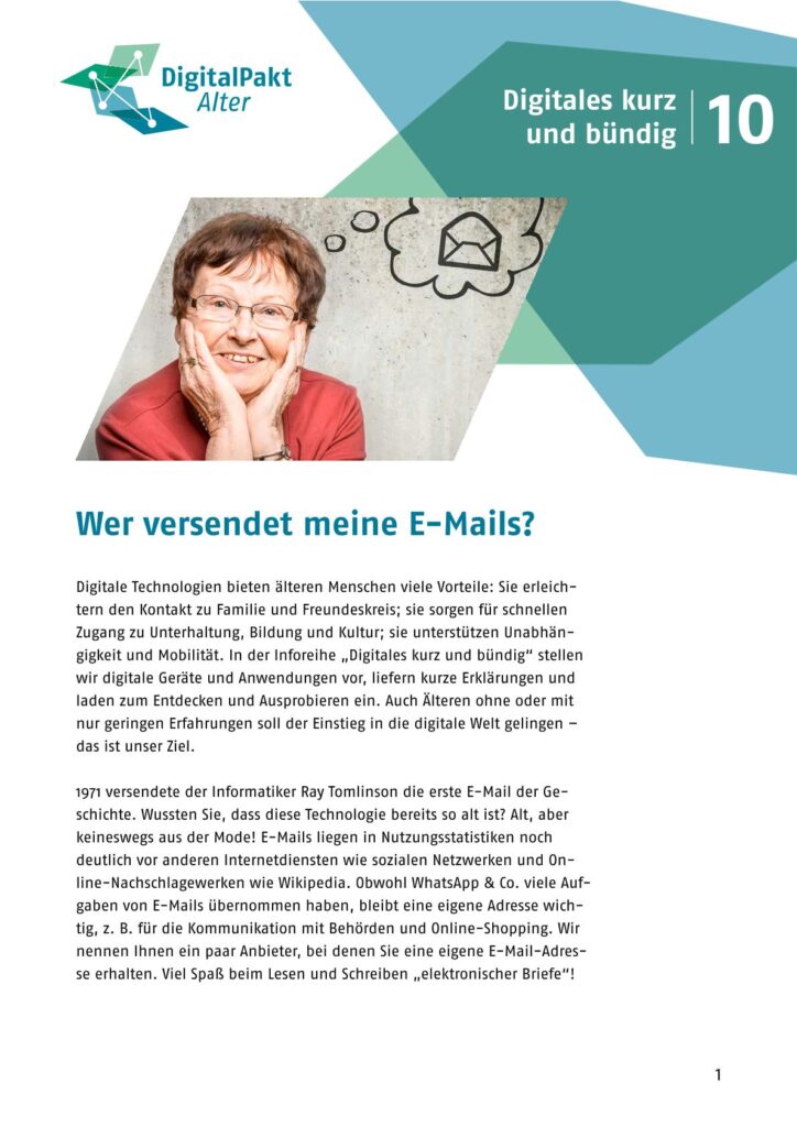 Broschürencover: Mann stützt den Kopf auf die Hände und denkt an eine E-Mail, umgeben von grafischen Formen und Text zum Thema E-Mail-Versand.