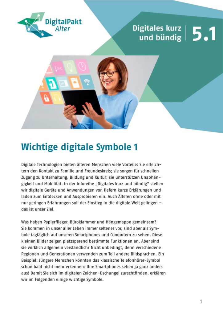 Broschürencover: Person mit blauem Pullover hält Tablet vor sich, umgeben von digitalen Symbolen auf transparenten Kacheln