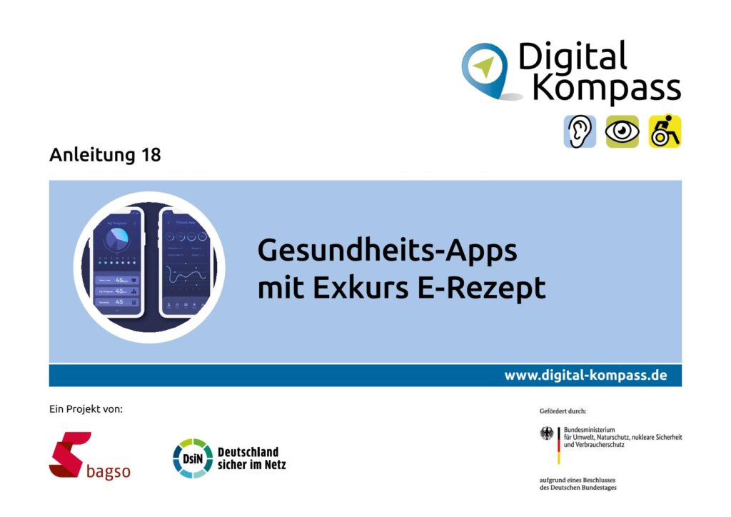 Titelkarte mit dem Text 'Gesundheits-Apps mit Exkurs E-Rezept' und Logos von Digital Kompass, bagso, Deutschland sicher im Netz sowie dem Bundesministerium für Umwelt, Naturschutz, nukleare Sicherheit und Verbraucherschutz
