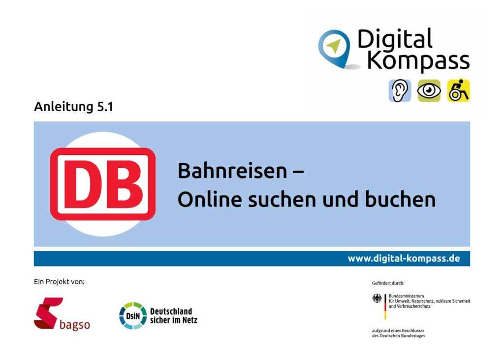 Titelseite einer Anleitung mit dem Titel 'Bahnreisen – Online suchen und buchen' und dem Logo der Deutschen Bahn sowie dem Logo von Digital Kompass