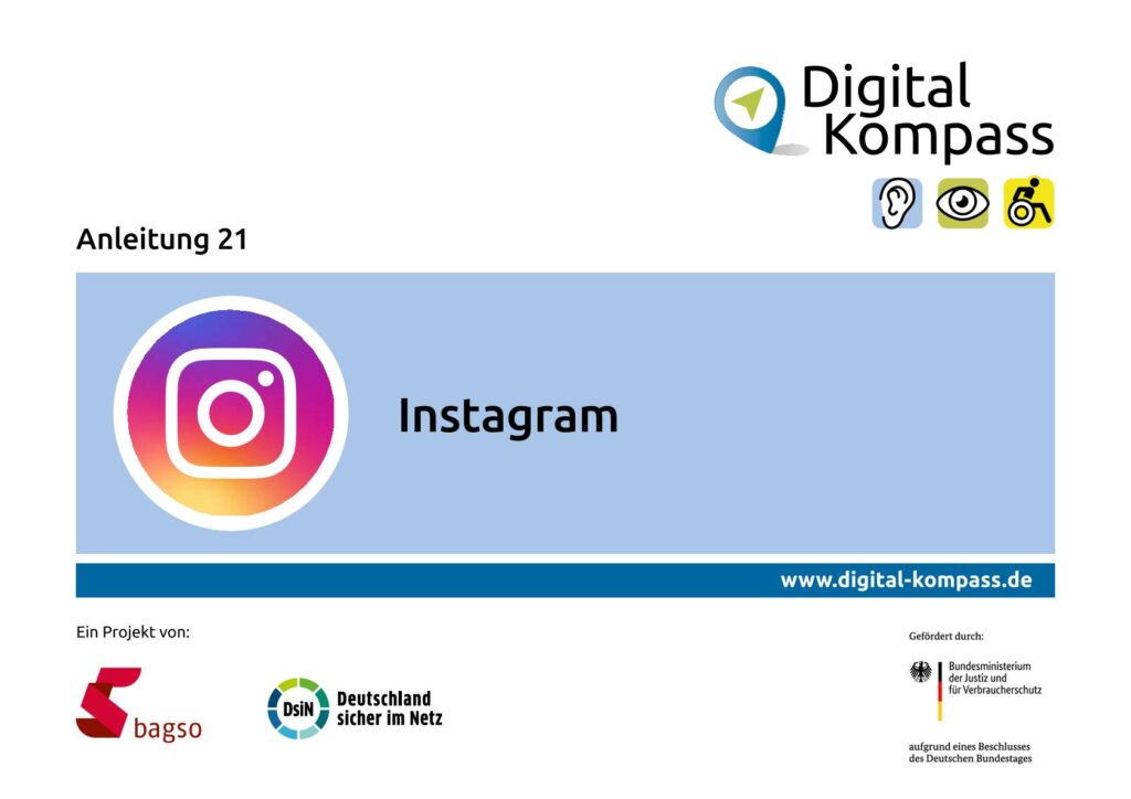 Titelseite einer Anleitung zum Thema Instagram mit dem Digital-Kompass-Logo, dem Instagram-Logo und Logos der Projektpartner sowie Förderhinweisen