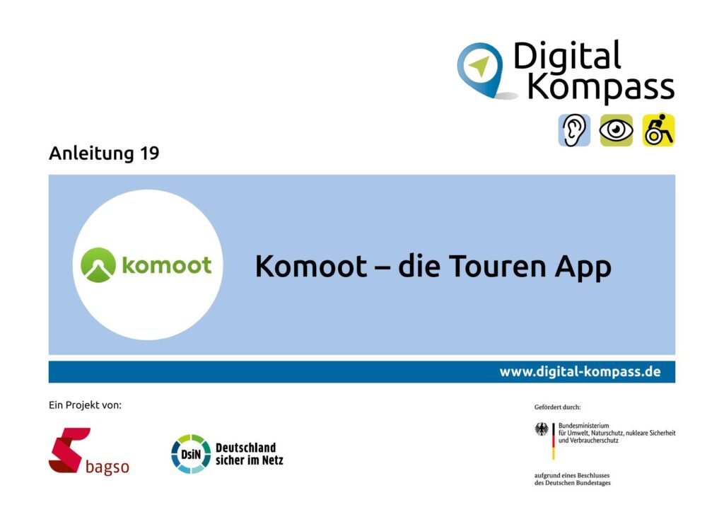 Titelseite einer Anleitung mit dem Titel 'Komoot – die Touren App', Logos von Komoot, Digital Kompass, bagso, Deutschland sicher im Netz und dem Bundesministerium für Umwelt, Naturschutz, nukleare Sicherheit und Verbraucherschutz