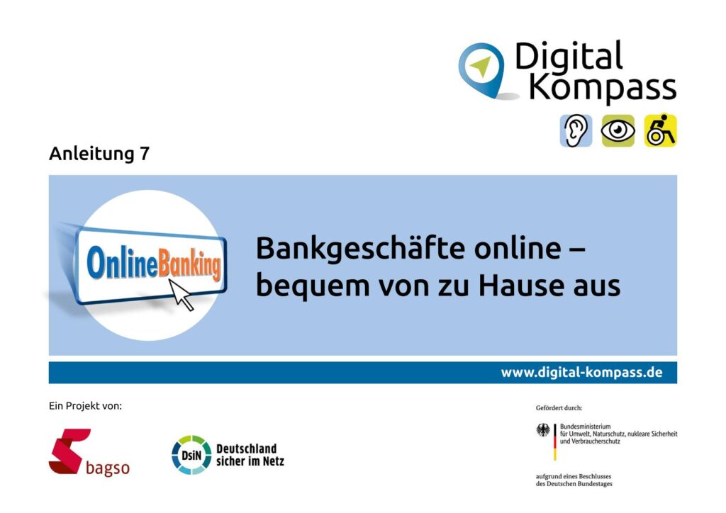 Titelseite einer Anleitung zum Online-Banking mit dem Titel 'Bankgeschäfte online – bequem von zu Hause aus' und Logos von Digital Kompass, bagso, Deutschland sicher im Netz sowie dem Bundesministerium für Umwelt, Naturschutz, nukleare Sicherheit und Verbraucherschutz