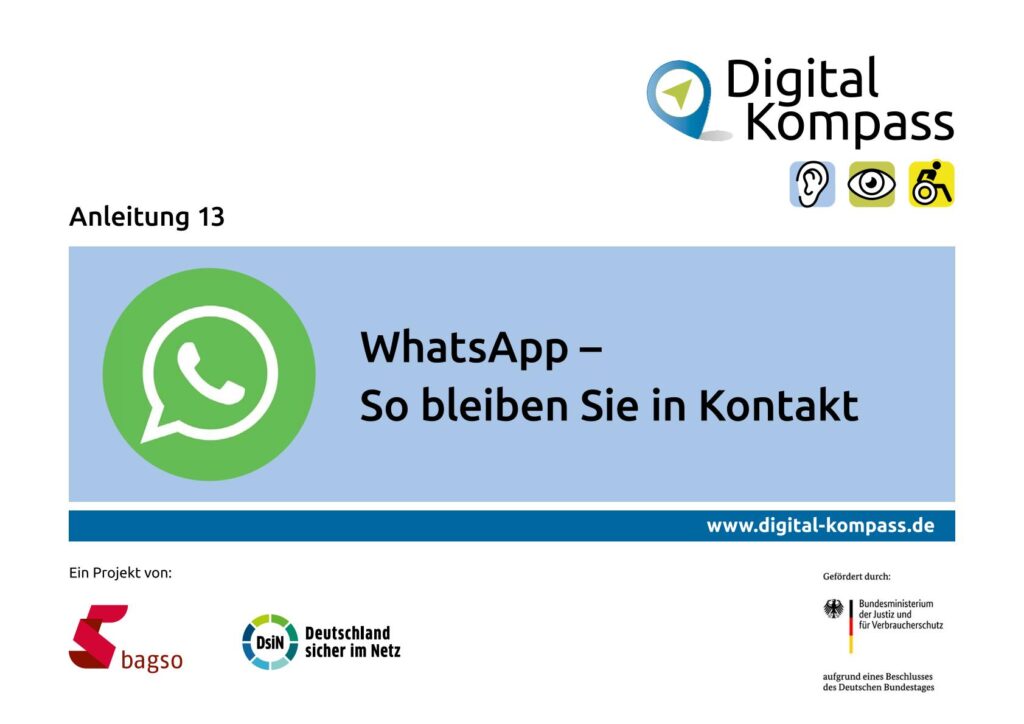 Titelblatt einer Anleitung mit dem Titel 'WhatsApp – So bleiben Sie in Kontakt' und Logos von Digital Kompass, bagso, Deutschland sicher im Netz sowie dem Bundesministerium der Justiz und für Verbraucherschutz