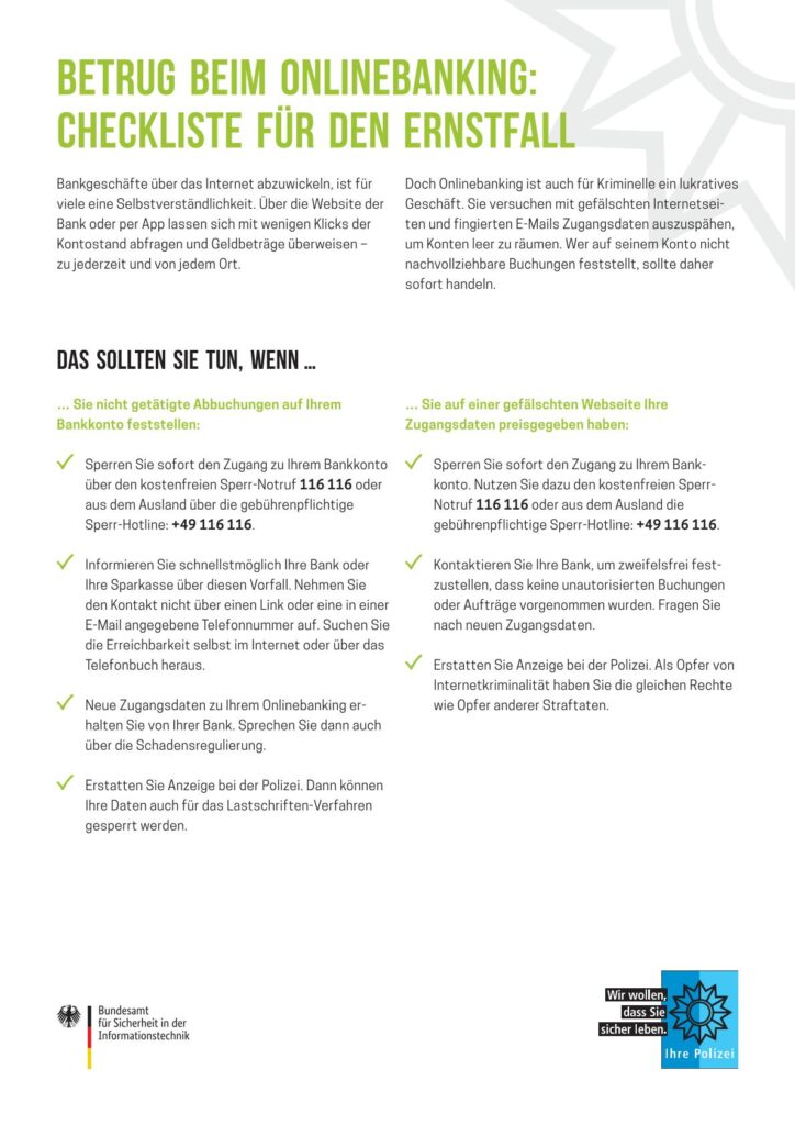 Checkliste des Bundesamts für Sicherheit in der Informationstechnik mit Handlungsempfehlungen bei Betrug im Onlinebanking und wichtigen Telefonnummern für den Sperr- und Kontaktservice