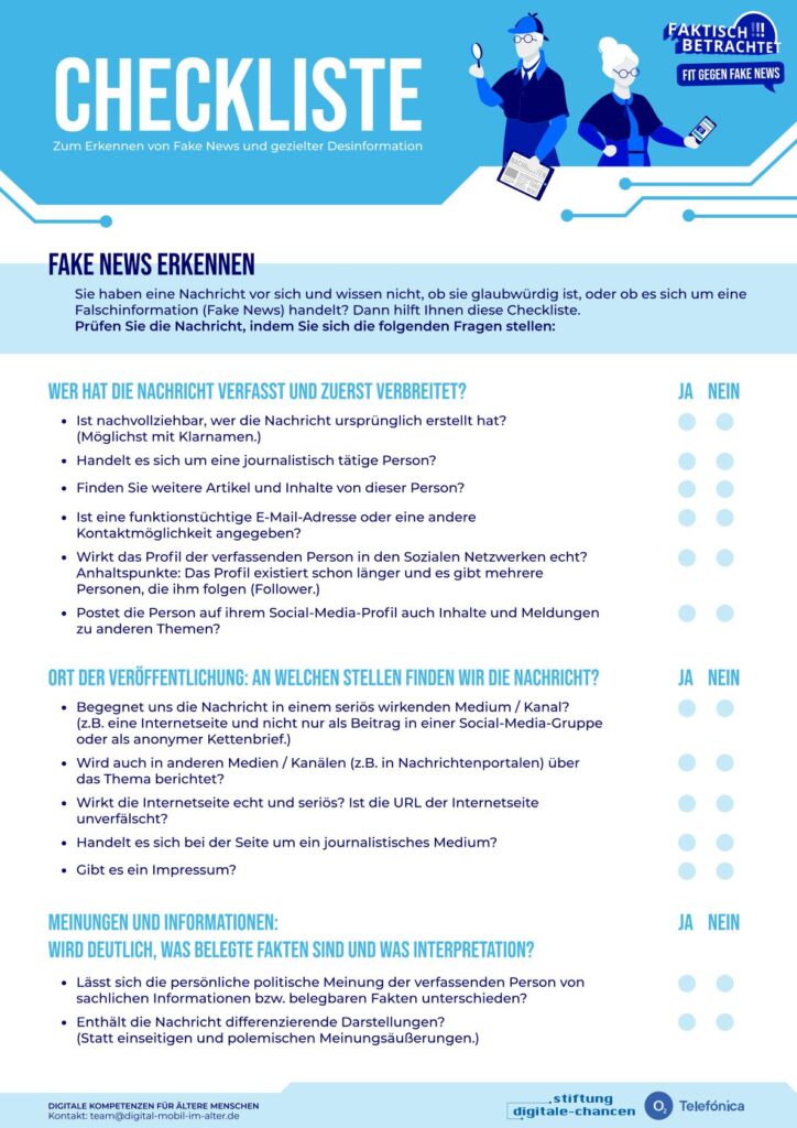 Infografik mit Checkliste zum Erkennen von Fake News und gezielter Desinformation mit Fragen zu Nachrichtenerstellung, Veröffentlichung und Meinungen, begleitet von zwei gezeichneten Personen, eine mit Lupe und eine mit Tablet.