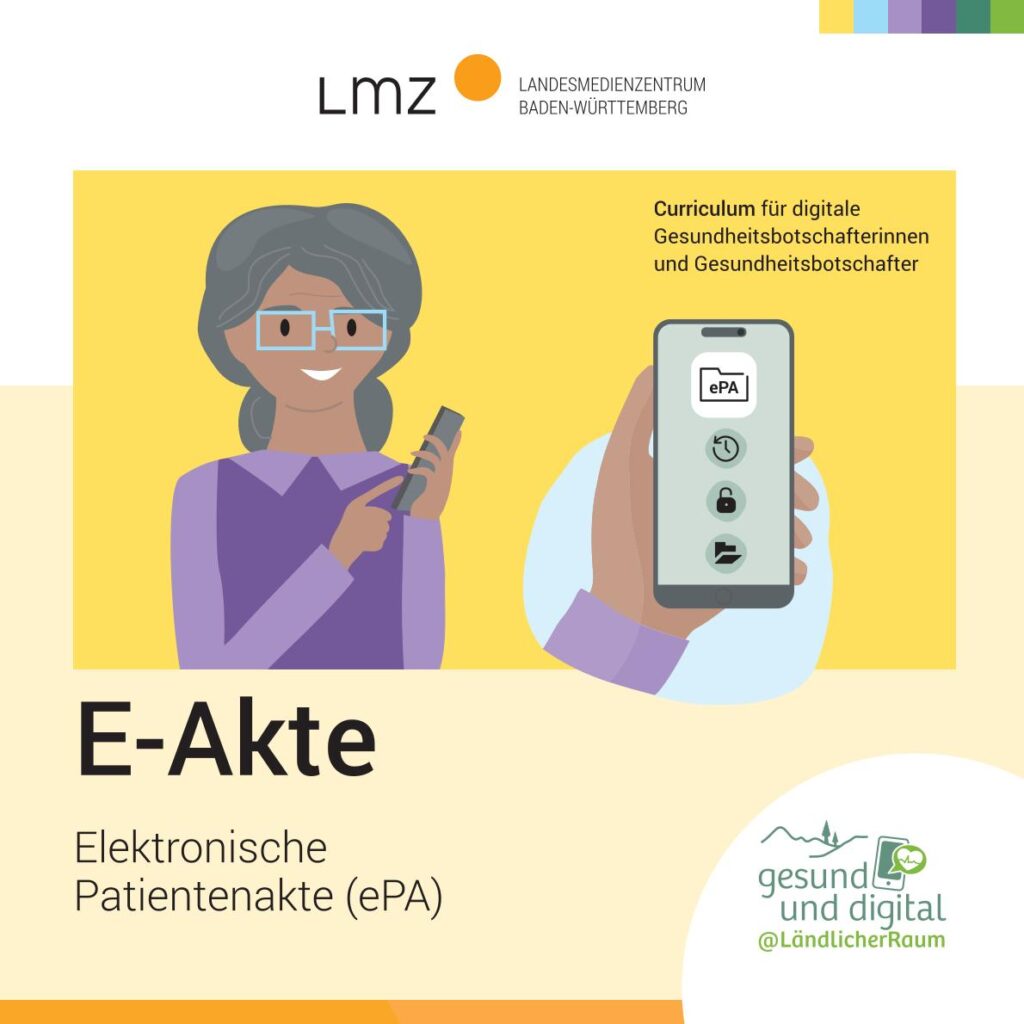 Illustration einer lächelnden Frau mit Brille, die ein Smartphone hält, daneben eine Nahaufnahme einer Hand mit Smartphone, auf dessen Bildschirm das Symbol 'ePA' zu sehen ist, dazu Logos und Text zum Thema elektronische Patientenakte