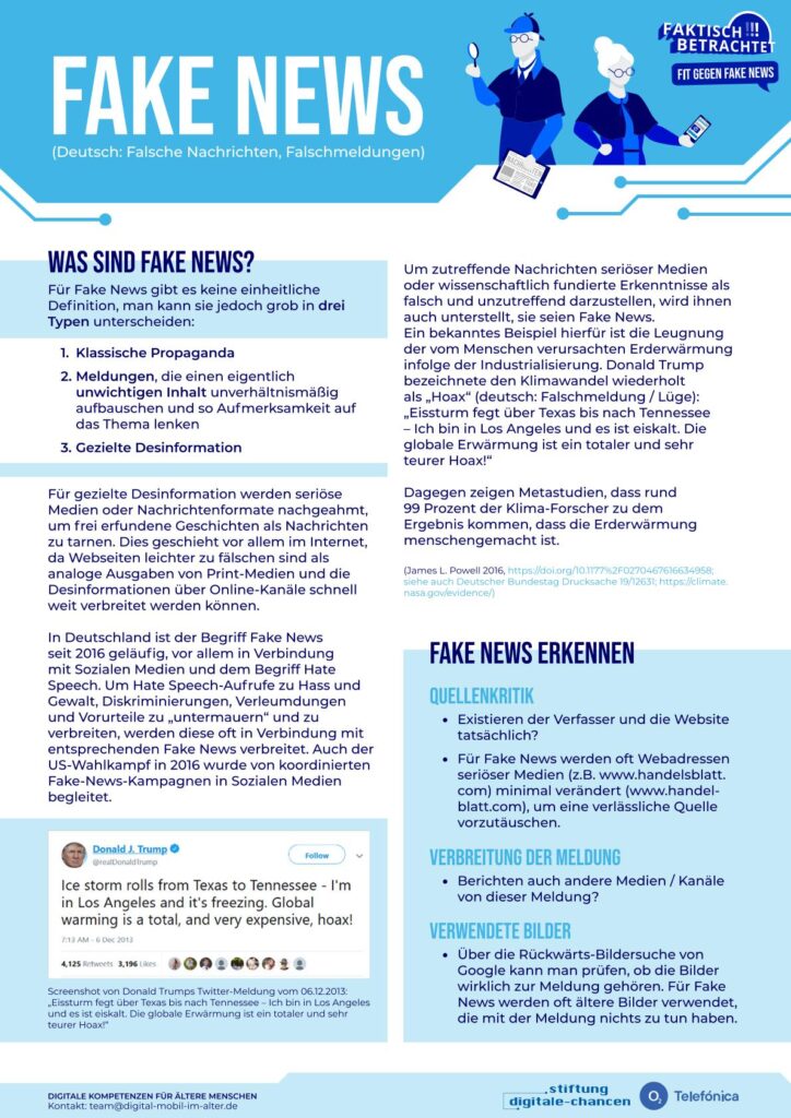 Infografik mit dem Titel 'FAKE NEWS' erklärt drei Typen von Fake News mit Text und Illustrationen von zwei Personen, eine hält eine Lupe, die andere ein Tablet