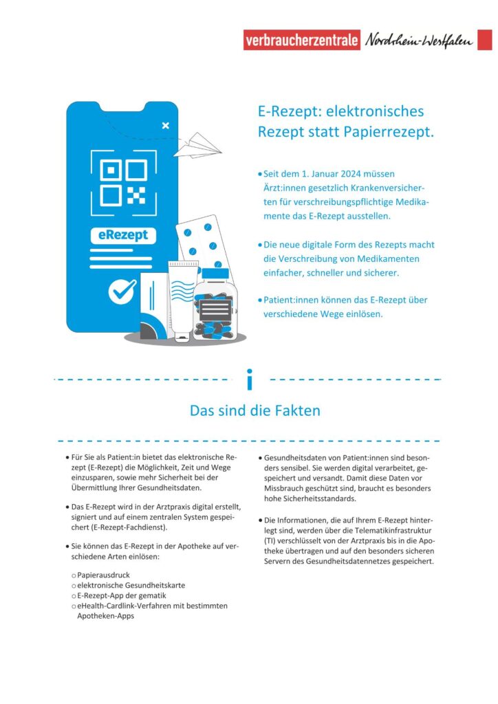 Infografik der Verbraucherzentrale Nordrhein-Westfalen mit einem blauen Smartphone-Symbol, das einen QR-Code und ein Häkchen zeigt, daneben verschiedene Medikamentenbehälter und Textinformationen zum elektronischen Rezept (E-Rezept).