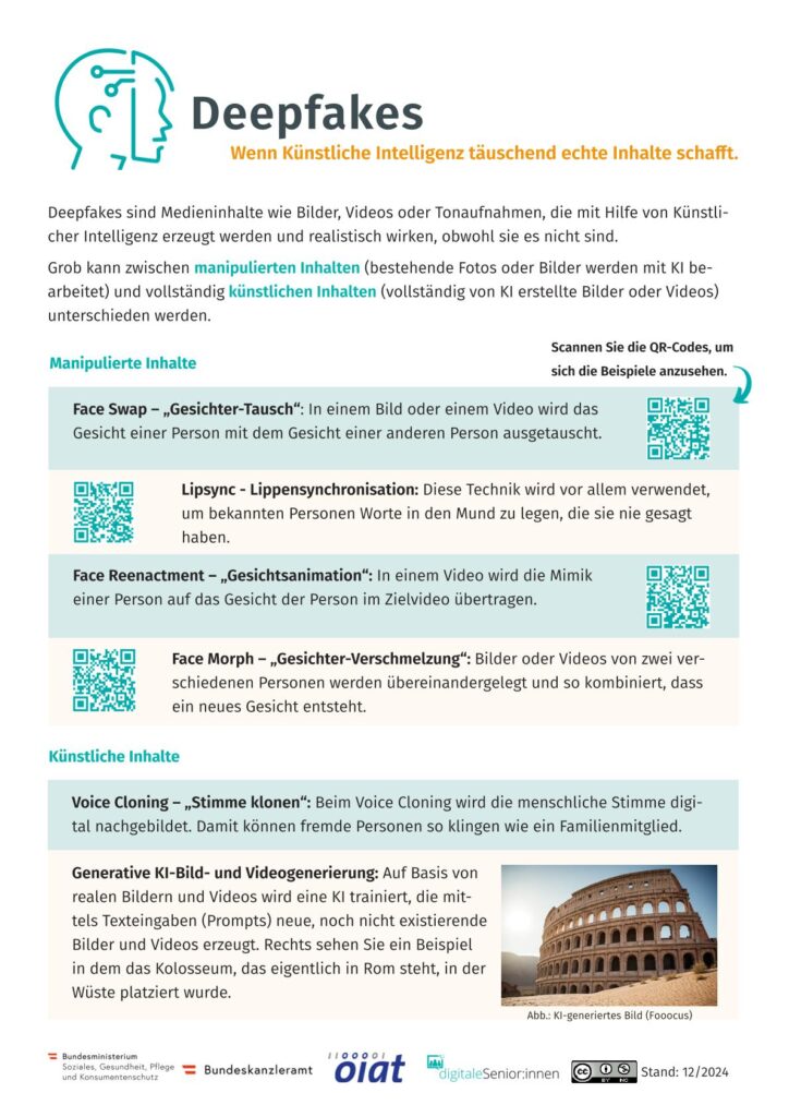 Infoblatt mit Erklärungen zu Deepfakes, unterteilt in manipulierte und künstliche Inhalte, mit Beispielen wie Face Swap, Lipsync, Face Reenactment, Face Morph, Voice Cloning und generativer KI-Bild- und Videogenerierung