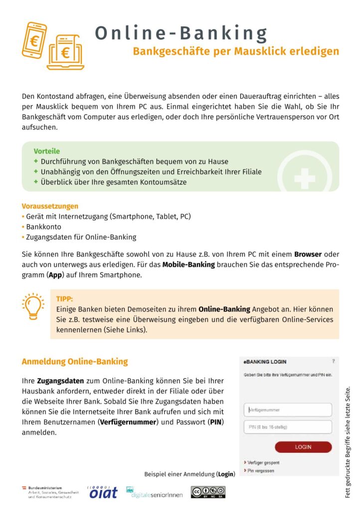 nfoblatt mit Informationen zu Online-Banking für Seniorinnen und Senioren mit Text, Symbolen eines Smartphones und eines Geldscheins, Vorteilen, Voraussetzungen, Tipp und Beispiel für eine Online-Banking-Anmeldung.