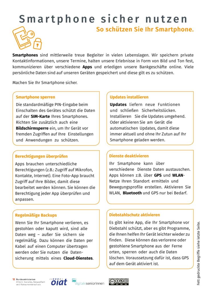 Infoblatt mit Tipps zur sicheren Nutzung von Smartphones für Seniorinnen und Senioren mit Abschnitten zu Sperren, Updates, Berechtigungen, Diensten, Backups und Diebstahlschutz.