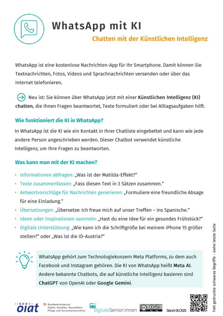 Infoblatt mit Informationen zu WhatsApp mit Künstlicher Intelligenz für digitale Seniorinnen und Senioren, inklusive Funktionen, Beispielen und Erklärungen.
