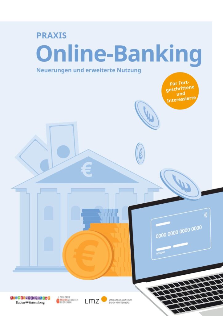 Broschürencover: Illustration einer Bank mit Euro-Münzen und einem Laptop mit einer digitalen Kreditkarte auf dem Bildschirm