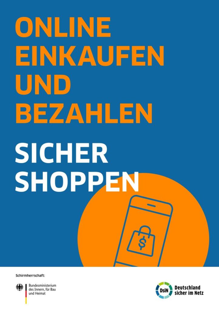 Blau-orange Grafik mit dem Text 'ONLINE EINKAUFEN UND BEZAHLEN SICHER SHOPPEN' und einer stilisierten Smartphone-Illustration mit Einkaufstaschen-Symbol