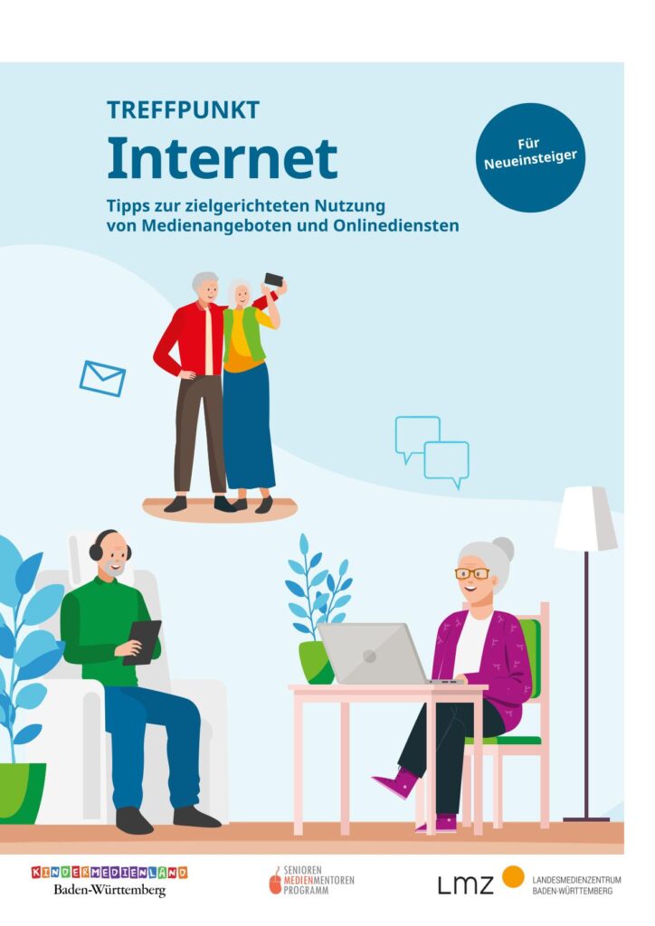 Drei Personen mit digitalen Geräten in einem Raum mit Pflanzen und Lampe, darüber der Text 'TREFFPUNKT Internet Tipps zur zielgerichteten Nutzung von Medienangeboten und Onlinediensten Für Neueinsteiger'
