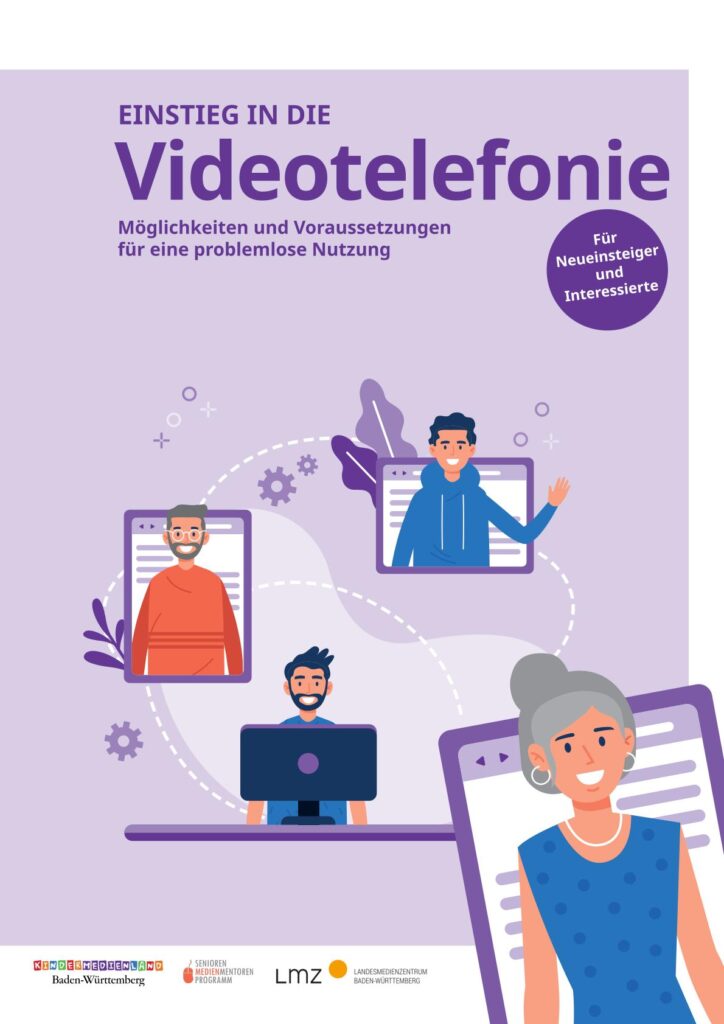 Illustration mit vier Personen in Videotelefonie-Fenstern vor lila Hintergrund und Text 'EINSTIEG IN DIE Videotelefonie Möglichkeiten und Voraussetzungen für eine problemlose Nutzung Für Neueinsteiger und Interessierte'