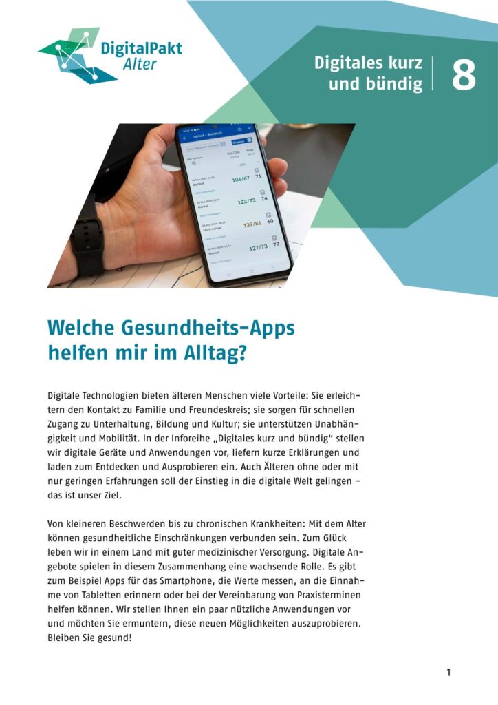 Broschürencover: Hand hält Smartphone mit geöffneter Gesundheits-App und DigitalPakt Alter-Logo oben links