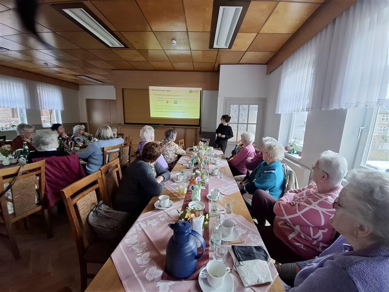 Gruppe älterer Menschen sitzt an einem langen Tisch in einem Raum mit Holzdecke und blickt auf eine Präsentation an der Wand